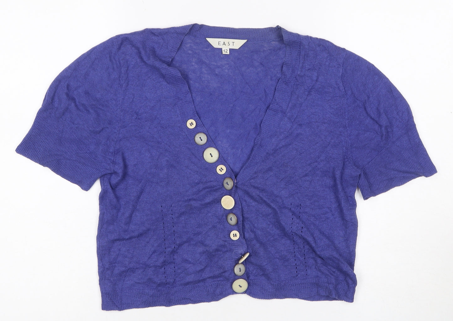East Women’s Purple Linen Cotton Short Sleeve V-Neck Cardigan Size 12
