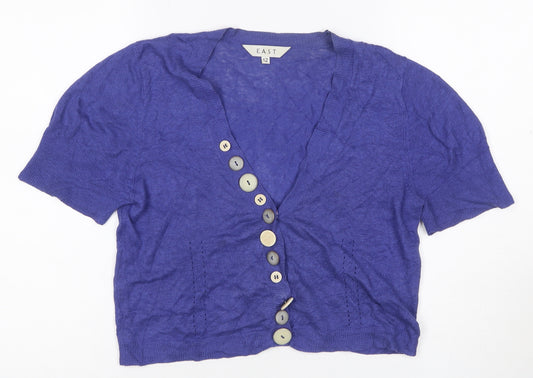 East Women’s Purple Linen Cotton Short Sleeve V-Neck Cardigan Size 12
