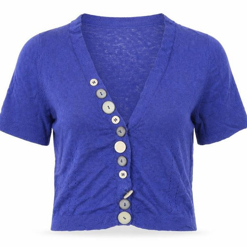 East Women’s Purple Linen Cotton Short Sleeve V-Neck Cardigan Size 12