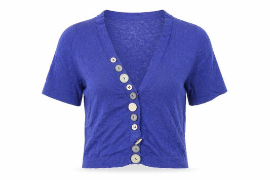 East Women’s Purple Linen Cotton Short Sleeve V-Neck Cardigan Size 12