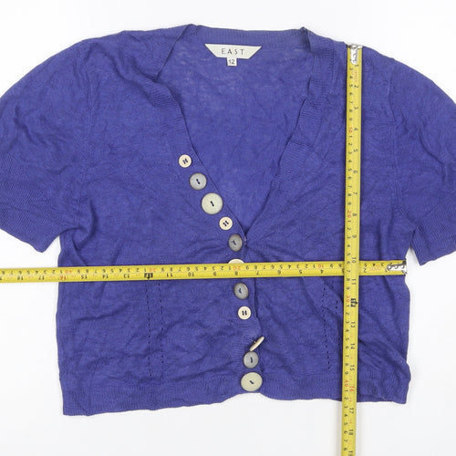 East Women’s Purple Linen Cotton Short Sleeve V-Neck Cardigan Size 12