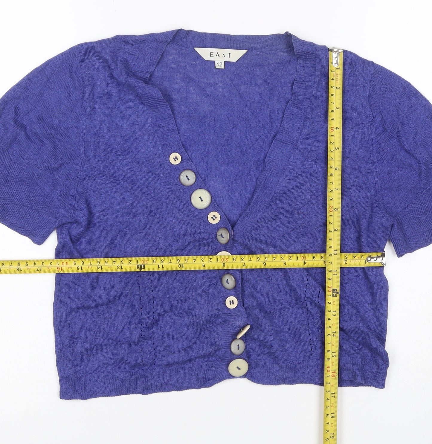 East Women’s Purple Linen Cotton Short Sleeve V-Neck Cardigan Size 12