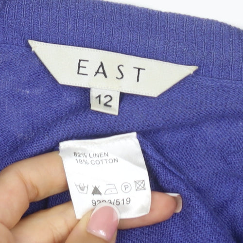 East Women’s Purple Linen Cotton Short Sleeve V-Neck Cardigan Size 12