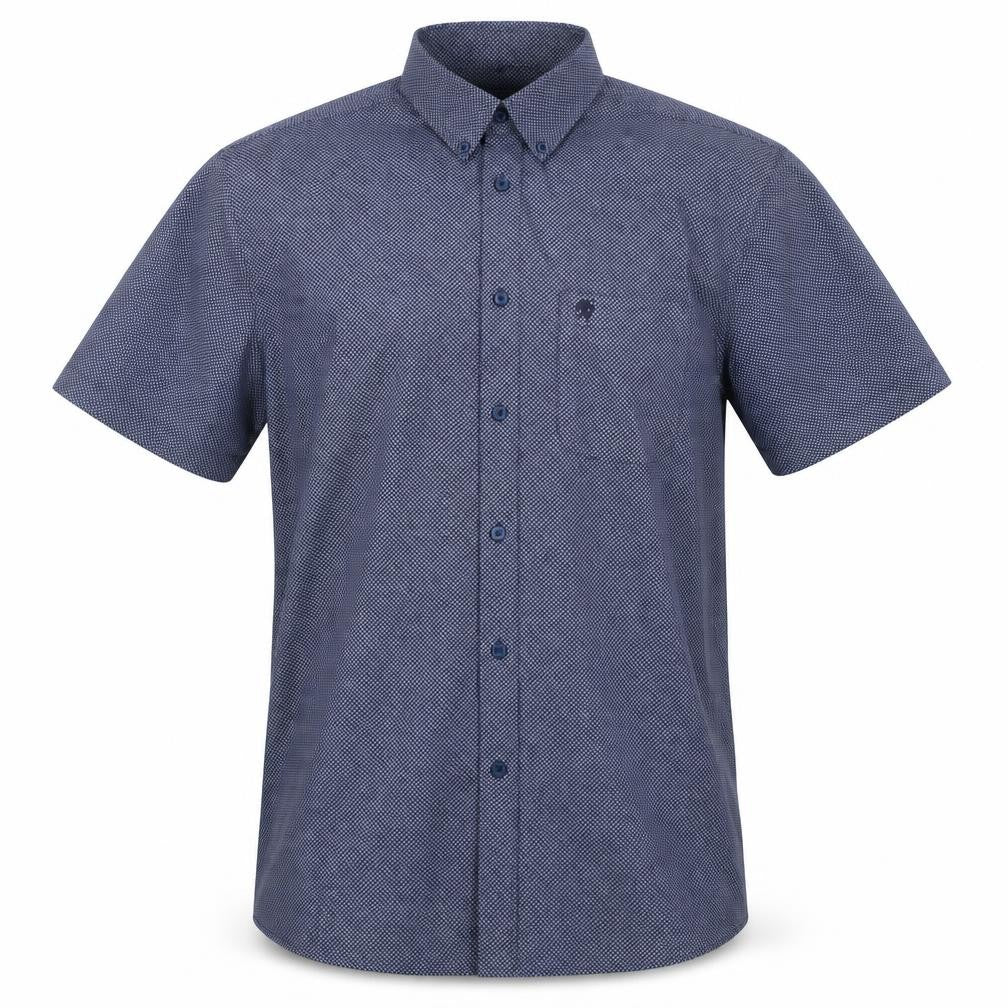 Front view of Carson Men's Blue L Geometric Short Sleeve Button-Down Shirt
