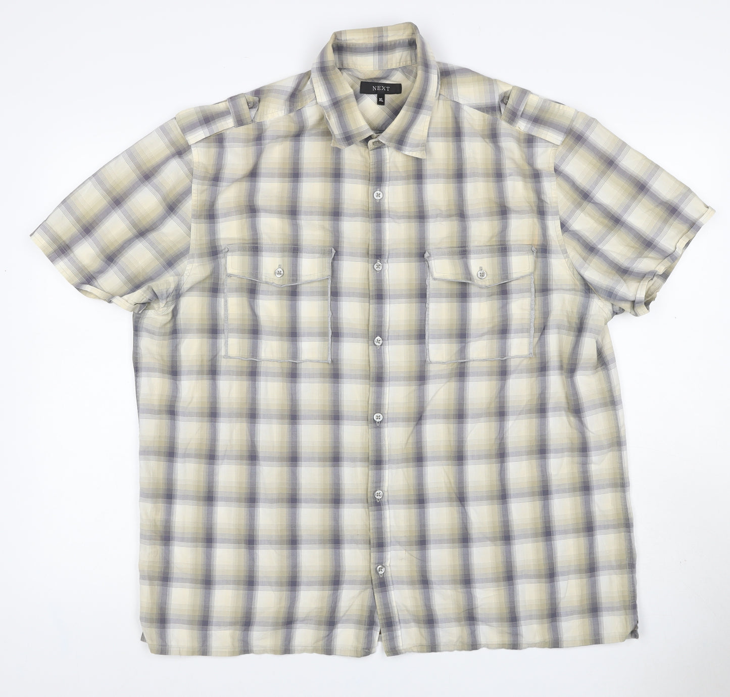 Next Men’s Beige Grey Check Cotton Short Sleeve Shirt XL