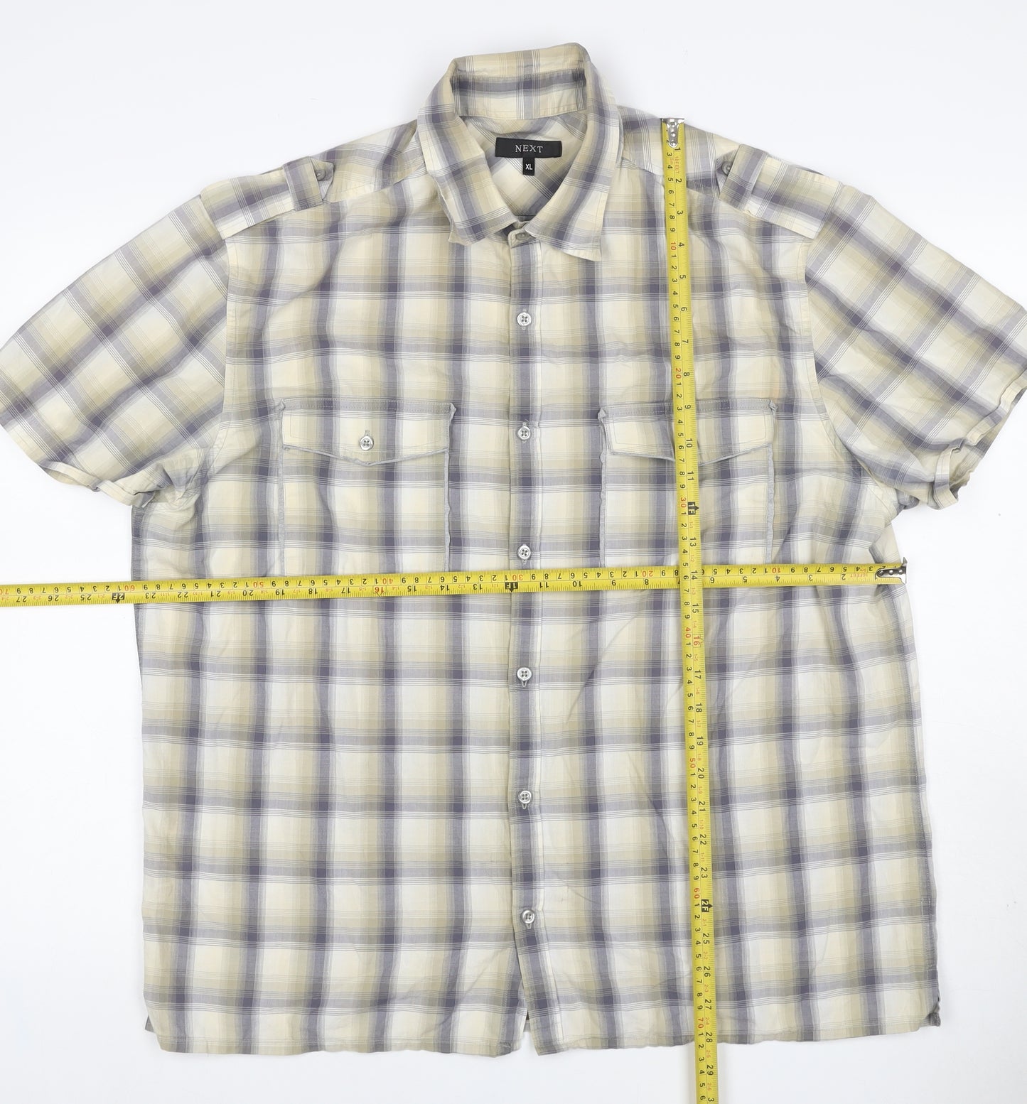 Next Men’s Beige Grey Check Cotton Short Sleeve Shirt XL