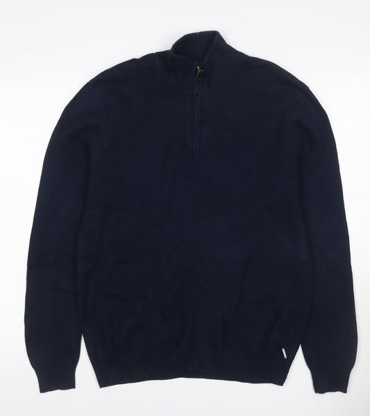 Superdry Men Blue L 1/4 Zip High Neck Knit Jumper