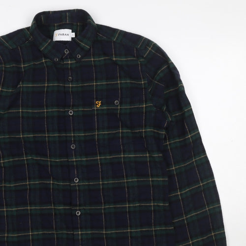 Farah Men Blue Green M Button-Down Plaid Flannel Long Sleeve Shirt