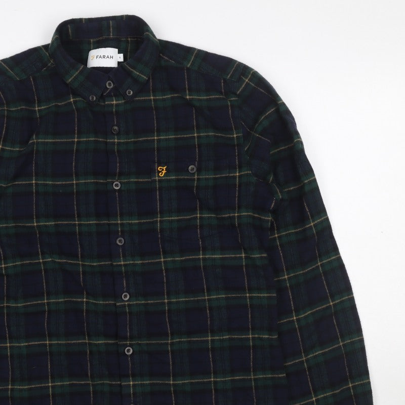 Farah Men Blue Green M Button-Down Plaid Flannel Long Sleeve Shirt