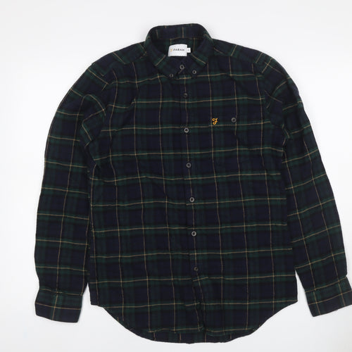 Farah Men Blue Green M Button-Down Plaid Flannel Long Sleeve Shirt