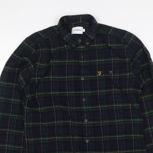 Farah Men Blue Green M Button-Down Plaid Flannel Long Sleeve Shirt
