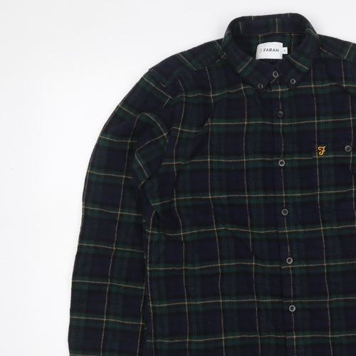 Farah Men Blue Green M Button-Down Plaid Flannel Long Sleeve Shirt