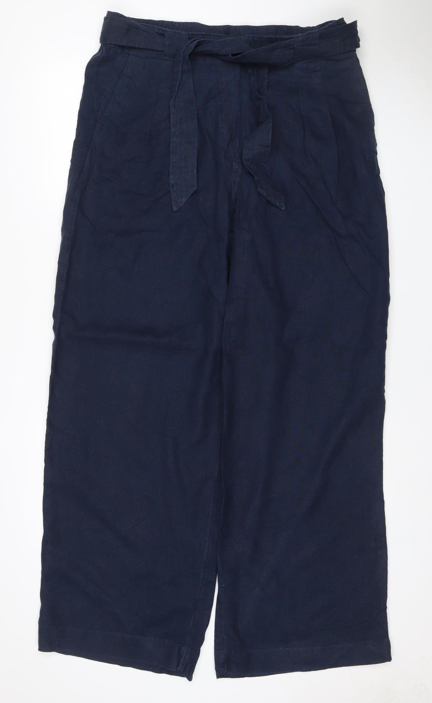 M&S Women’s Blue Linen Wide-Leg Trousers Size 16 Long Pockets