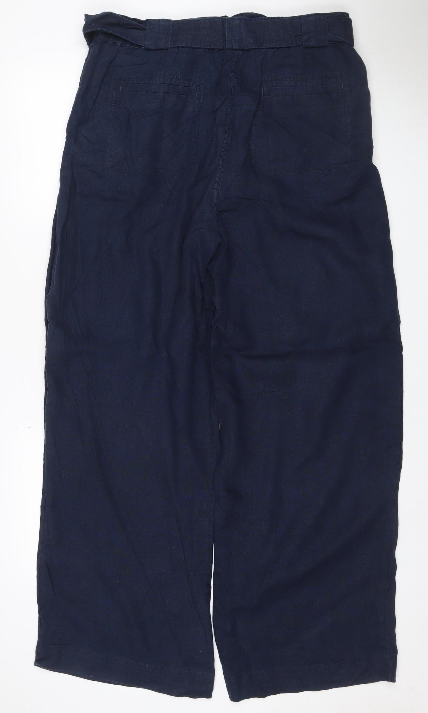 M&S Women’s Blue Linen Wide-Leg Trousers Size 16 Long Pockets