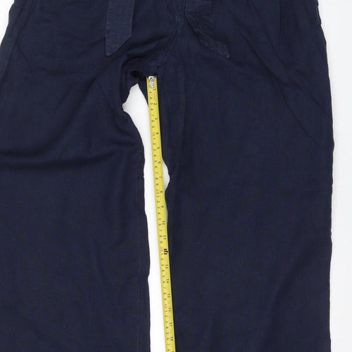 M&S Women’s Blue Linen Wide-Leg Trousers Size 16 Long Pockets