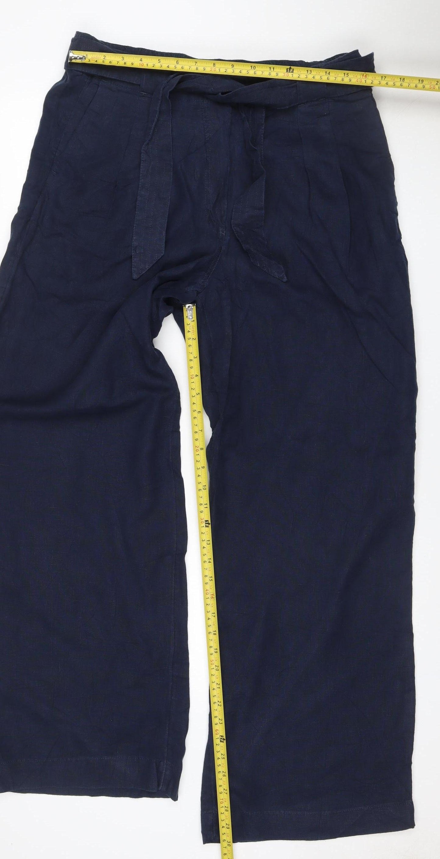M&S Women’s Blue Linen Wide-Leg Trousers Size 16 Long Pockets