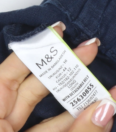 M&S Women’s Blue Linen Wide-Leg Trousers Size 16 Long Pockets