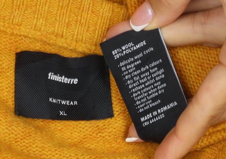 Finisterre Men's Yellow XL Wool Blend Crew Neck Pullover Jumper Logo