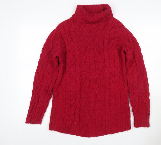 Coppercrafts Ireland Women Red L Merino Wool Cable Knit Roll Neck Jumper