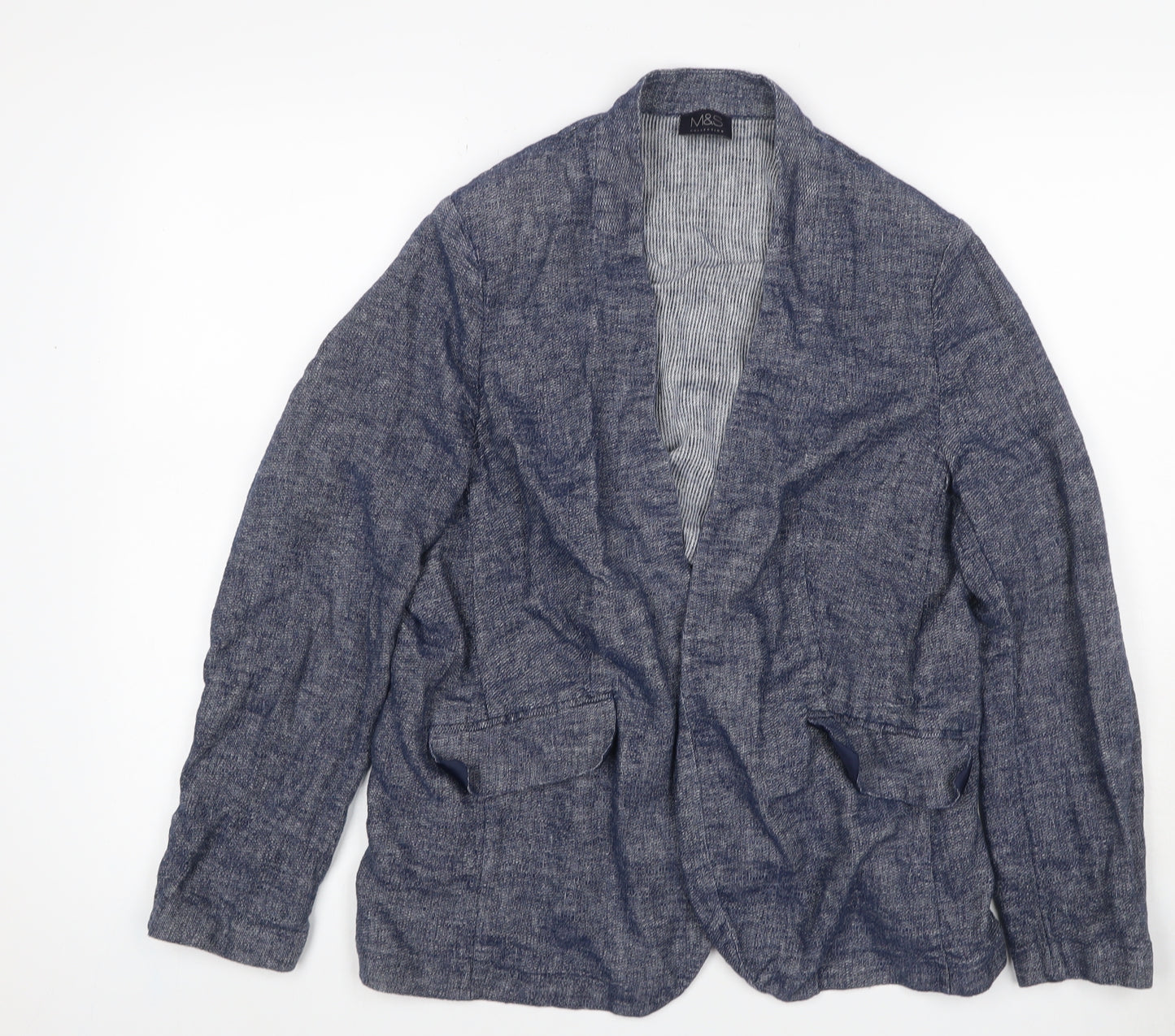 M&S Women’s Blue Linen Cotton Blend Open Front Blazer UK 18