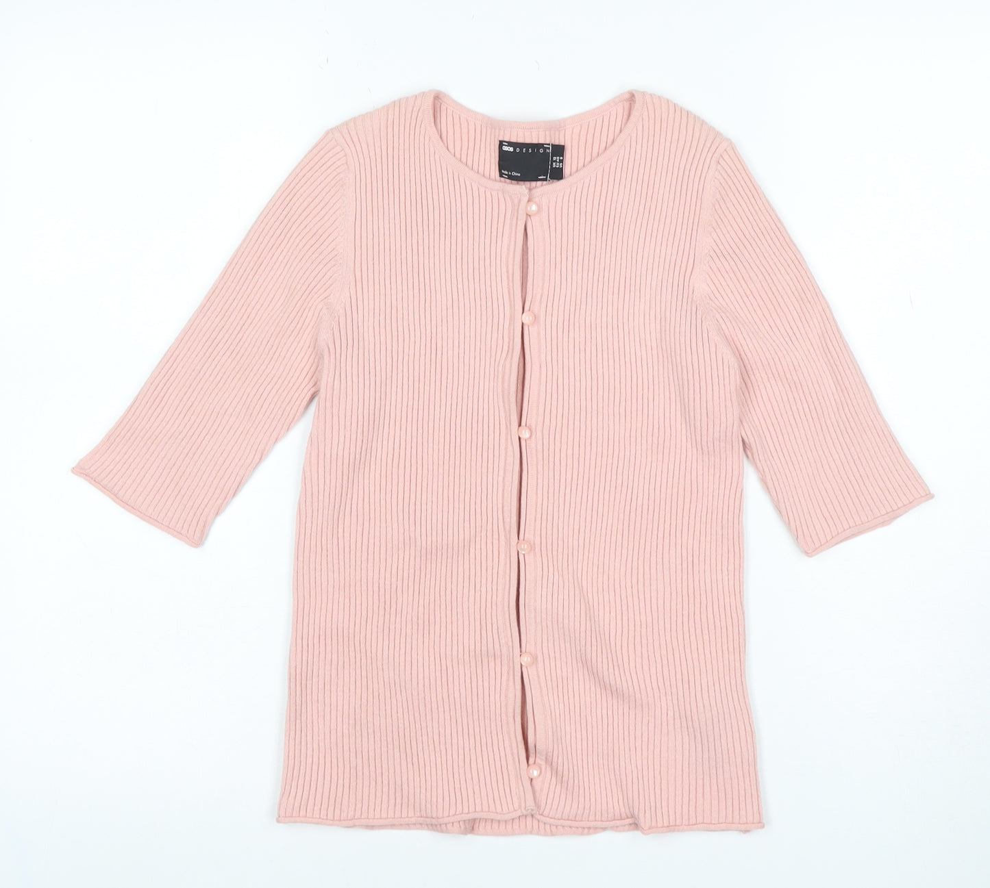 ASOS Design Women Pink UK 12 Rib Knit Button 3/4 Sleeve Cardigan