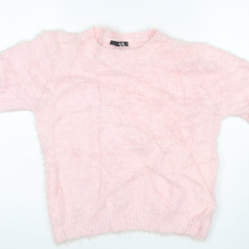 Quiz Women Pink M Fluffy Knit Short Sleeve Crew Neck Pullover Jumper