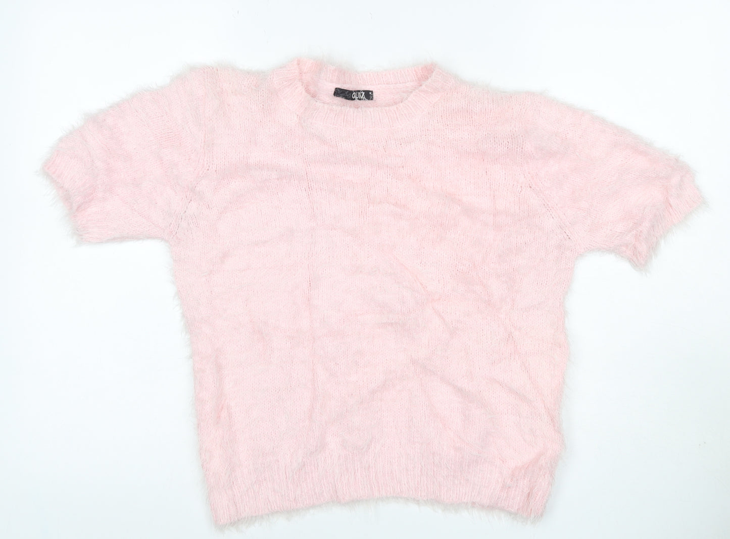 Quiz Women Pink M Fluffy Knit Short Sleeve Crew Neck Pullover Jumper