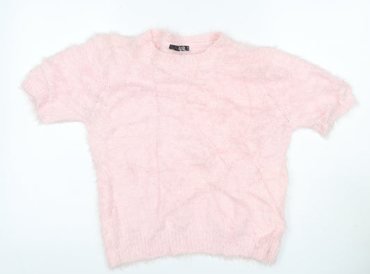 Quiz Women Pink M Fluffy Knit Short Sleeve Crew Neck Pullover Jumper