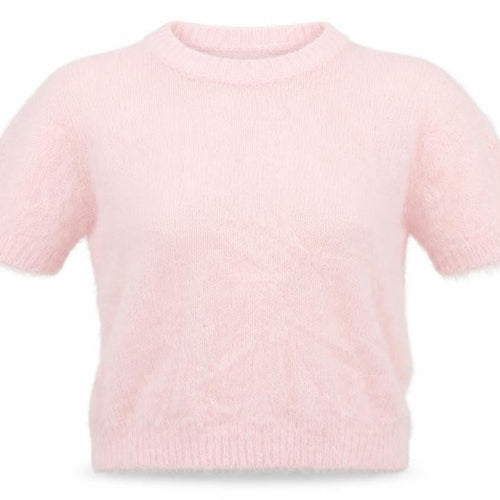 Quiz Women Pink M Fluffy Knit Short Sleeve Crew Neck Pullover Jumper