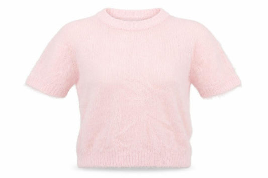 Quiz Women Pink M Fluffy Knit Short Sleeve Crew Neck Pullover Jumper