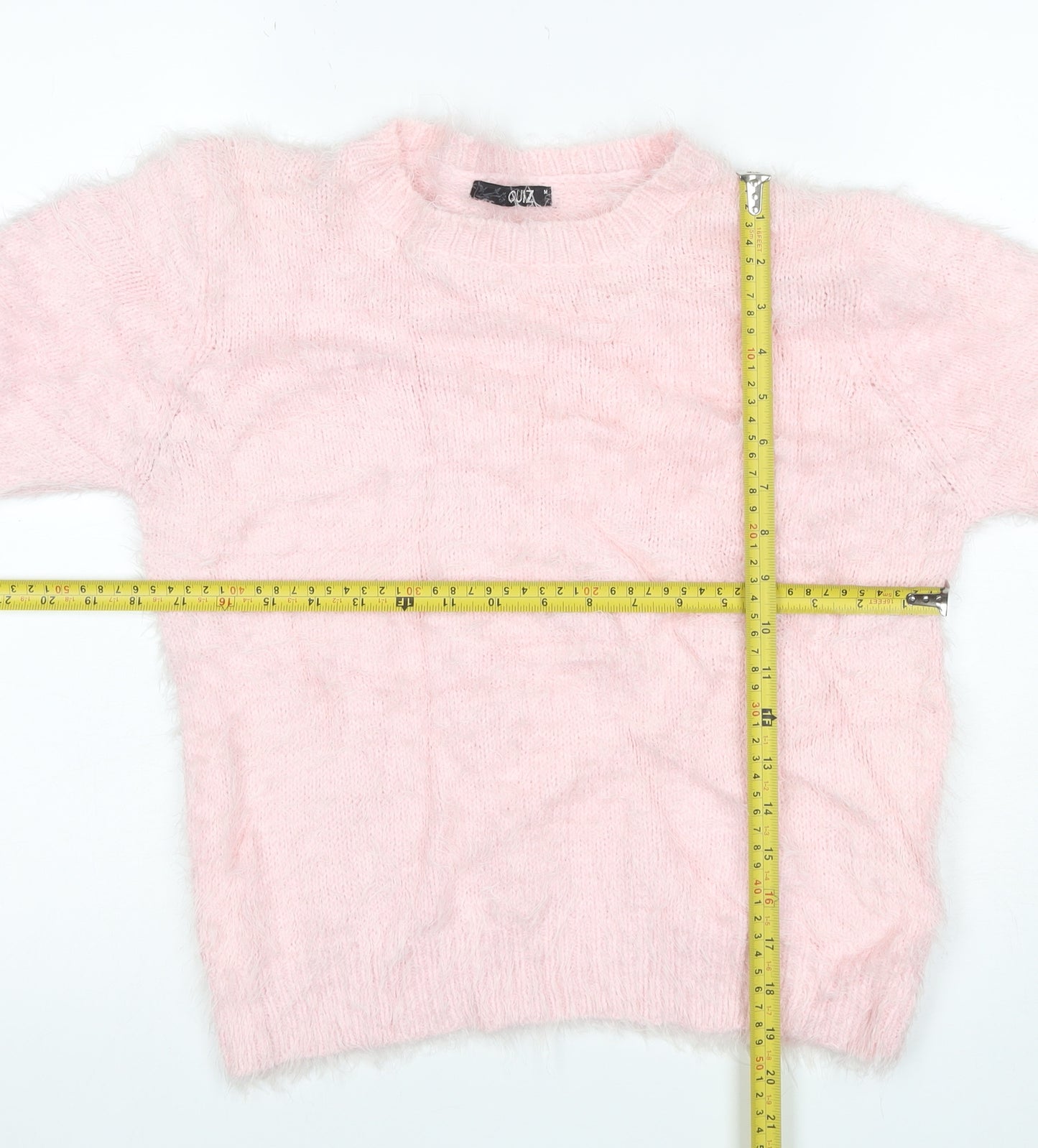 Quiz Women Pink M Fluffy Knit Short Sleeve Crew Neck Pullover Jumper