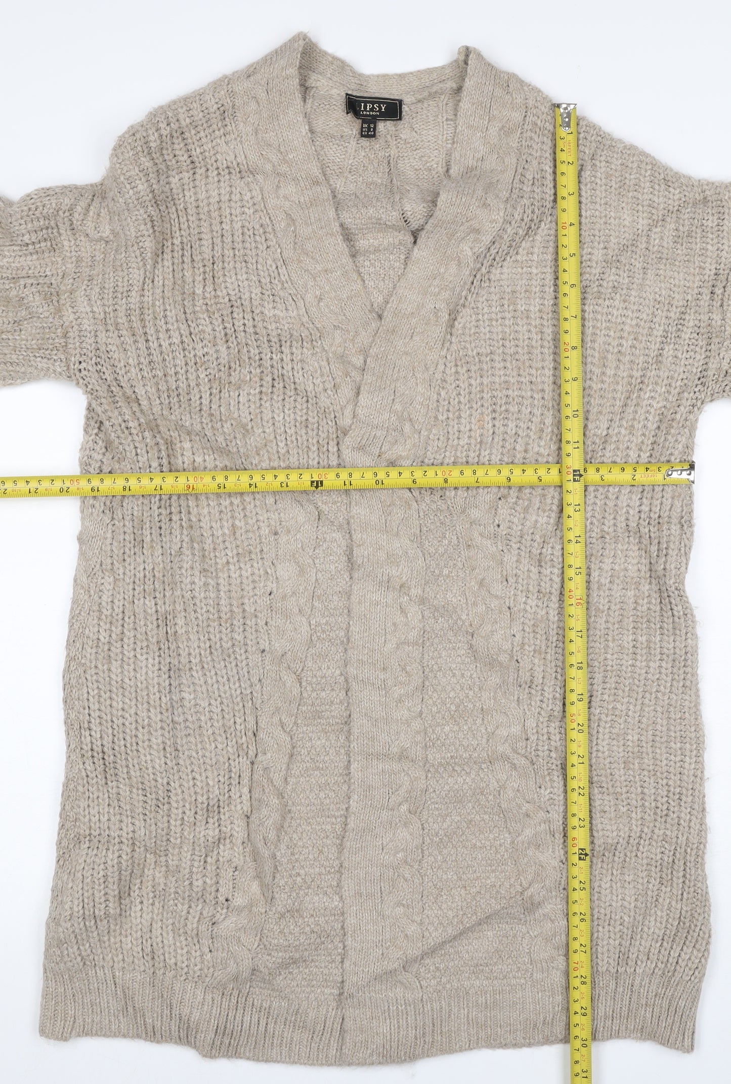 Lipsy London Women Beige UK 12 Open Cable Knit Cardigan Long Sleeve