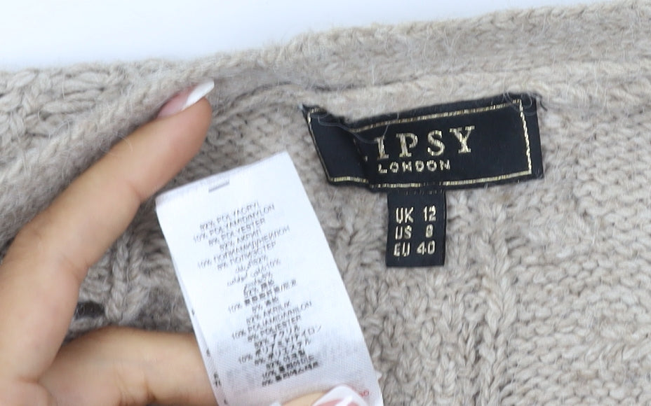 Lipsy London Women Beige UK 12 Open Cable Knit Cardigan Long Sleeve