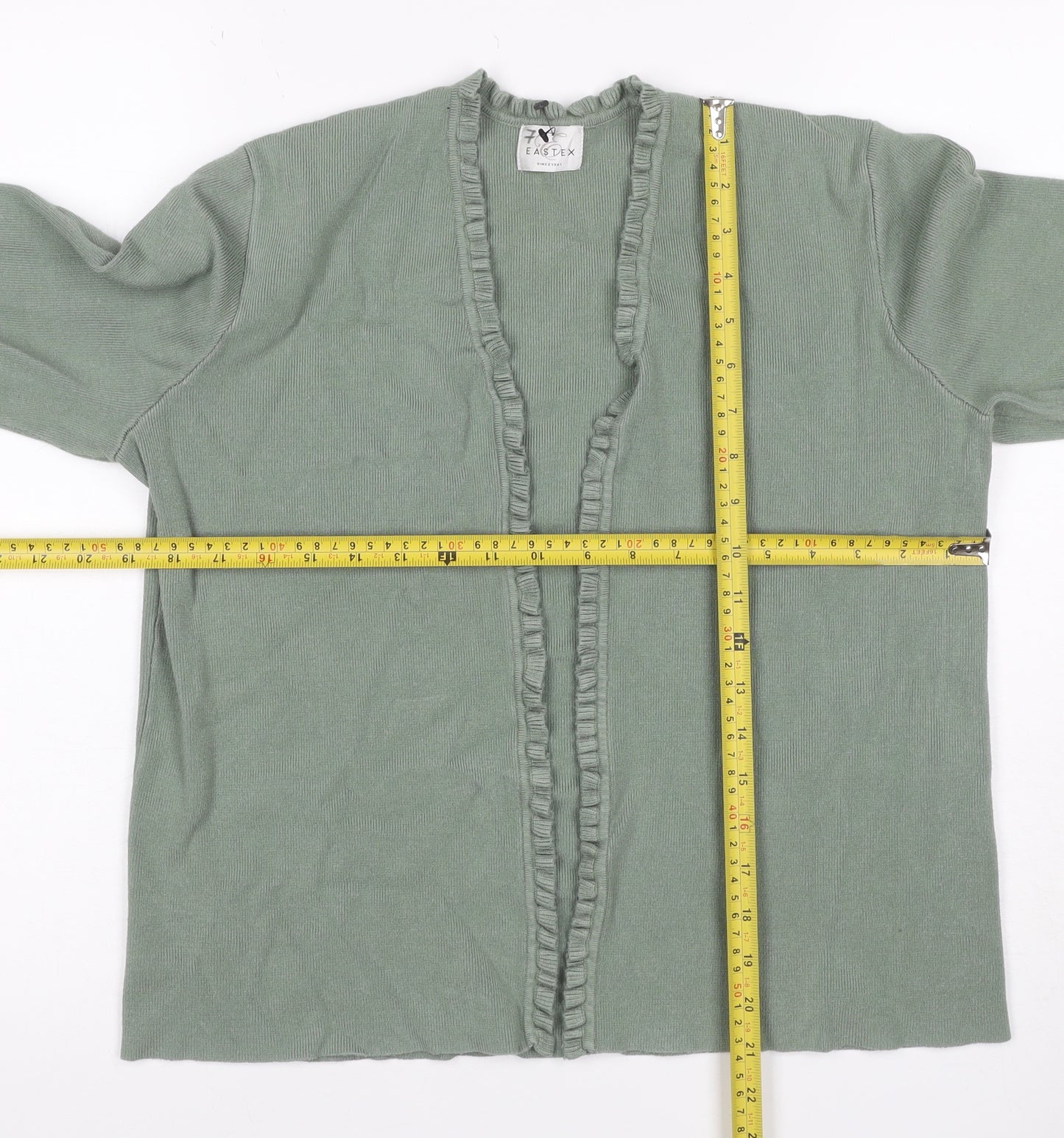 Eastex Women Green UK 14 Open Ruffle V-Neck Long Sleeve Cardigan