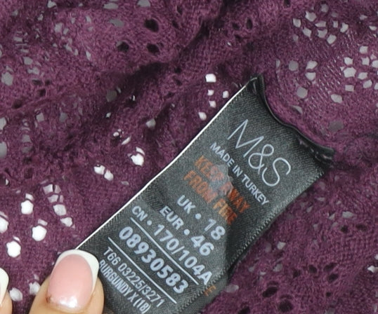 M&S Women Purple UK 18 Open Knit Long Sleeve Cardigan