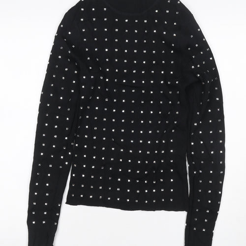 River Island Women Black UK 6 Basic Studded High Neck Long Sleeve Top