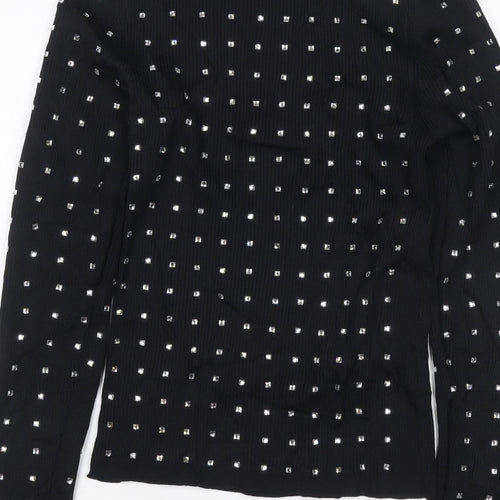 River Island Women Black UK 6 Basic Studded High Neck Long Sleeve Top