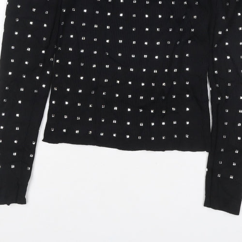 River Island Women Black UK 6 Basic Studded High Neck Long Sleeve Top