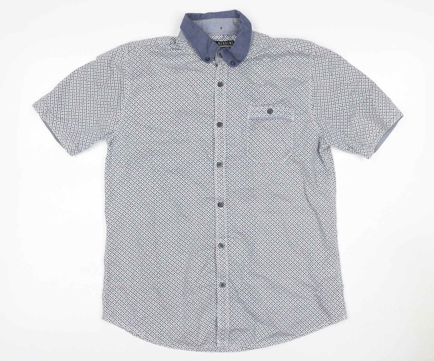 Red Herring Men's Blue White Geometric Shirt M Short Sleeve Button-Up