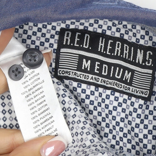 Red Herring Men's Blue White Geometric Shirt M Short Sleeve Button-Up