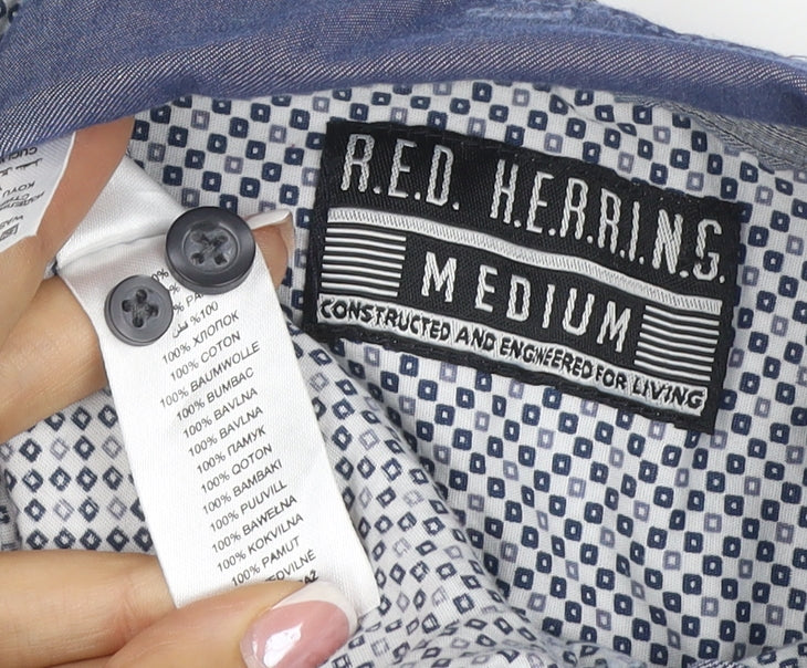 Red Herring Men's Blue White Geometric Shirt M Short Sleeve Button-Up