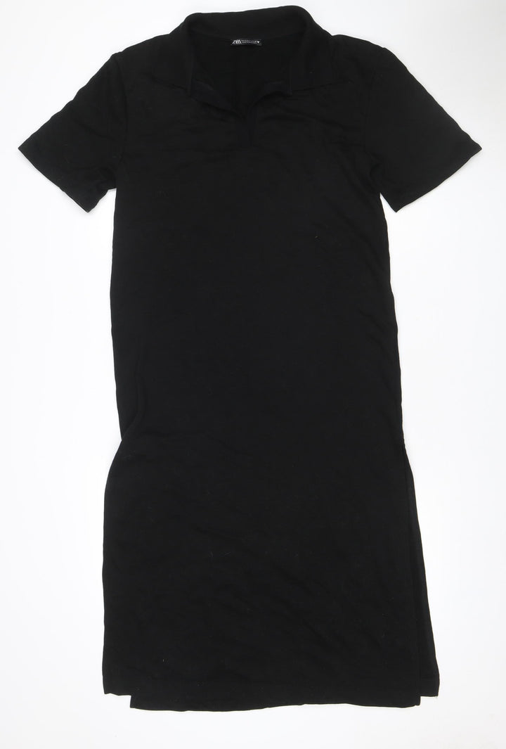 Zara Women Black S Sheath Knee Length V-Neck Stretch Dress