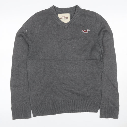 Hollister Men's Grey L V-Neck Logo Cotton Blend Pullover Jumper