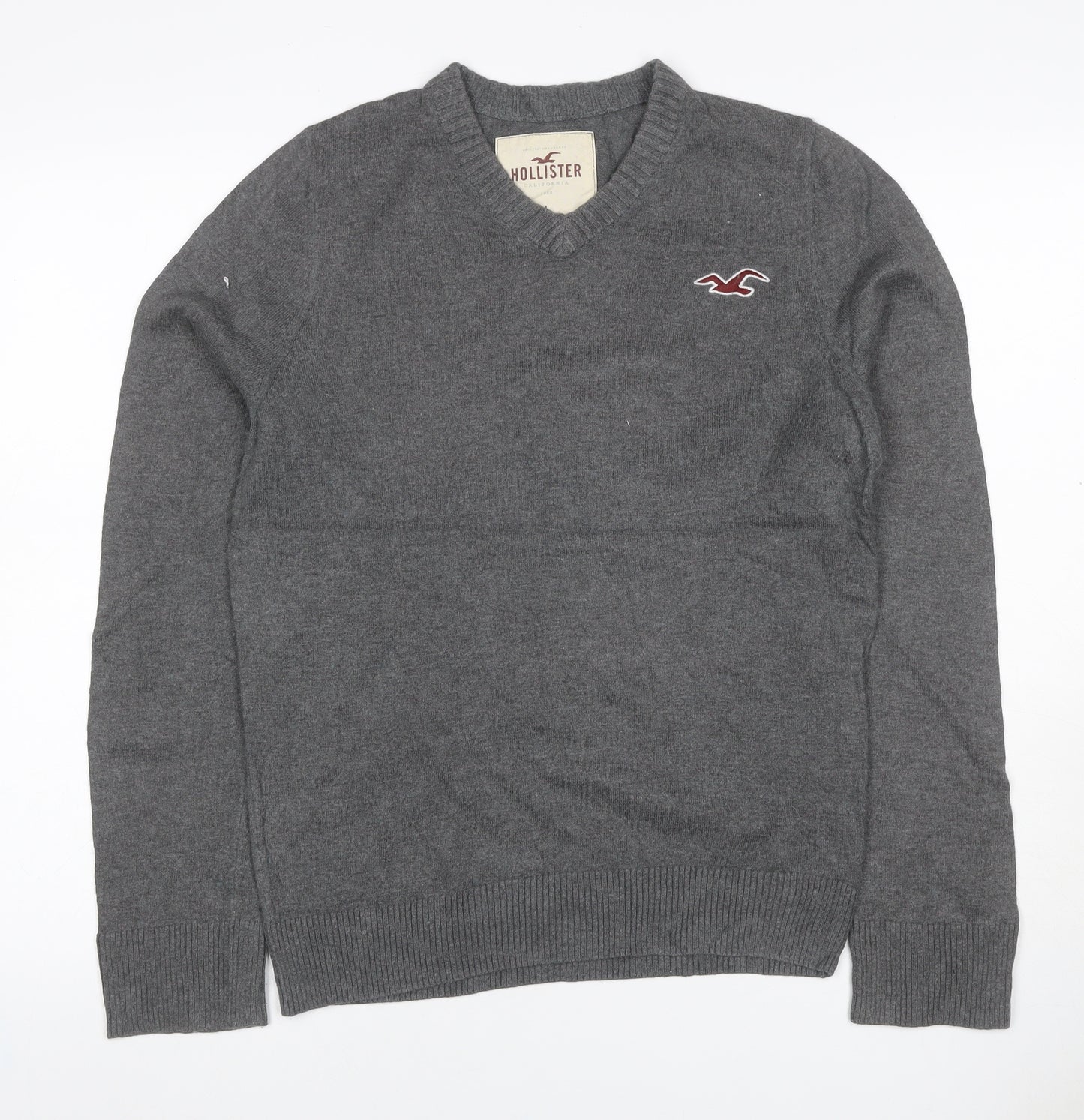 Hollister Men's Grey L V-Neck Logo Cotton Blend Pullover Jumper