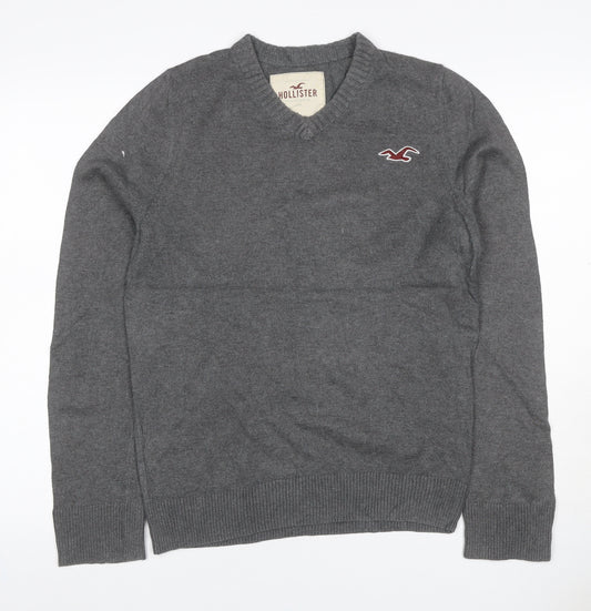 Hollister Men's Grey L V-Neck Logo Cotton Blend Pullover Jumper