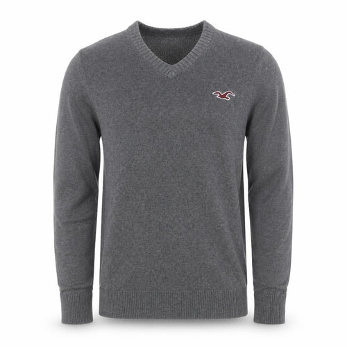 Hollister Men's Grey L V-Neck Logo Cotton Blend Pullover Jumper