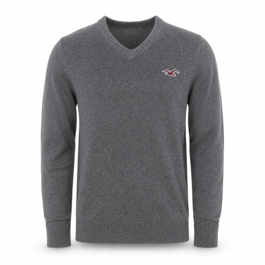 Hollister Men's Grey L V-Neck Logo Cotton Blend Pullover Jumper