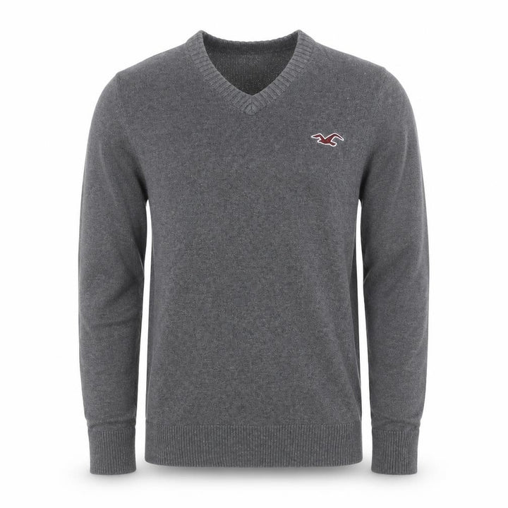 Hollister Men's Grey L V-Neck Logo Cotton Blend Pullover Jumper