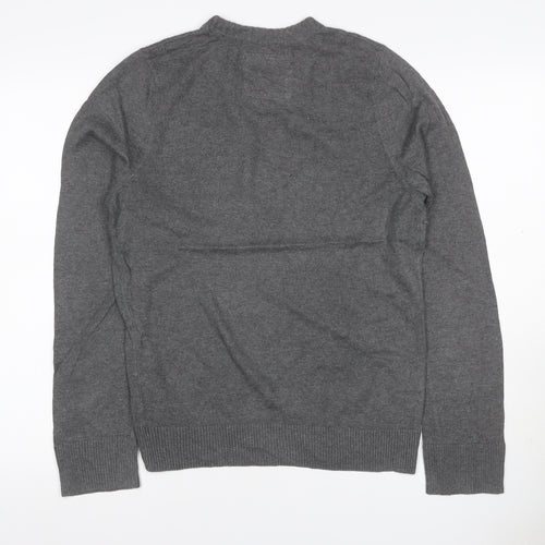 Hollister Men's Grey L V-Neck Logo Cotton Blend Pullover Jumper