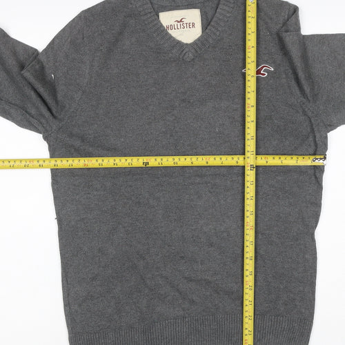 Hollister Men's Grey L V-Neck Logo Cotton Blend Pullover Jumper
